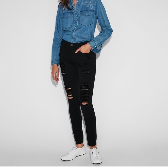 Express Denim - Black Mid Rise Ripped Stretch Jean Leggings